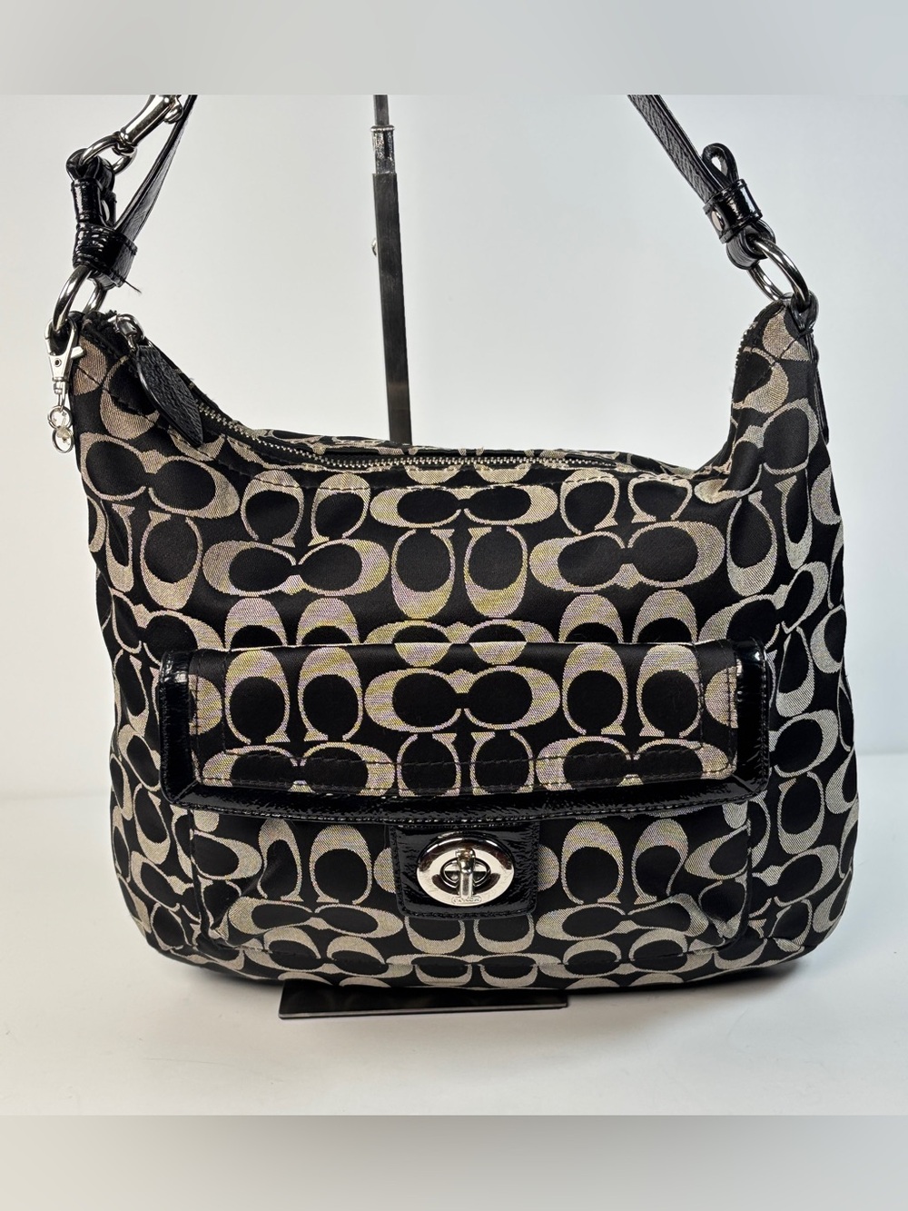 Coach Black & Gray Signature Canvas Shoulder Bag Turn lock.  Minimal wear
